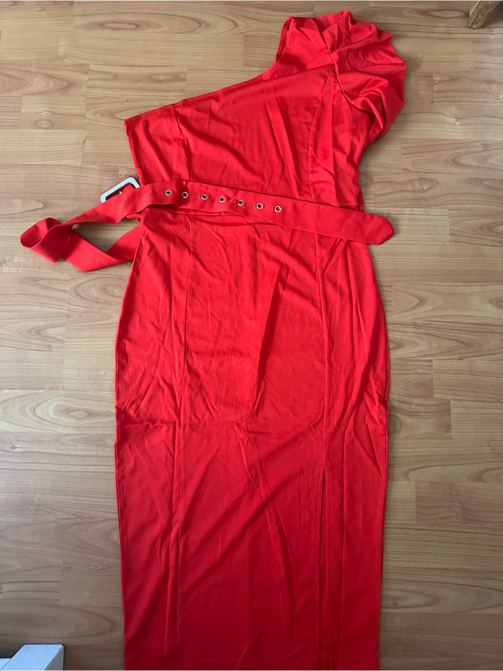 chic Red One-Shoulder Belted Midi Dress